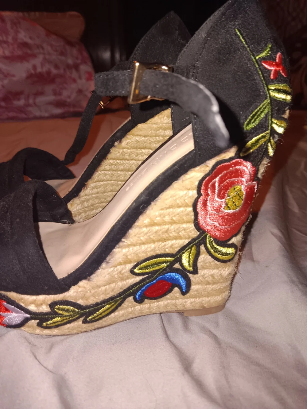 Women’s Black Wedge Espadrille with Embroidered Floral Detail